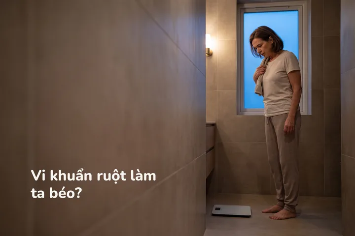 Vi khuẩn ruột làm ta béo? — một phụ nữ ngoài năm mươi đứng cạnh cái cân trong phòng tắm lúc chiều muộn