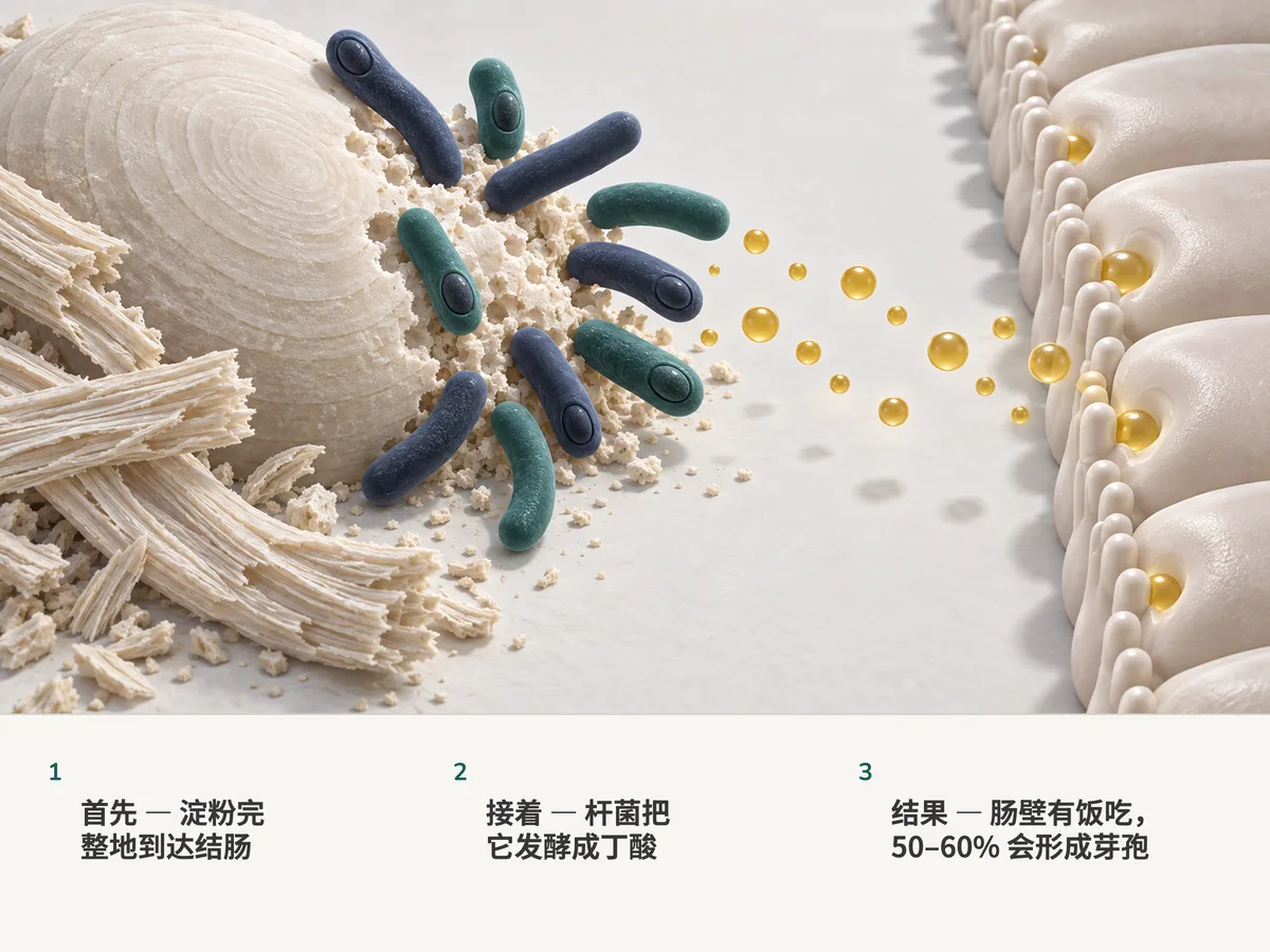 插画：厚壁的杆菌把一粒抗性淀粉分解成金色的丁酸液滴，由结肠内壁吸收；十个杆菌里有六个带着芽孢
