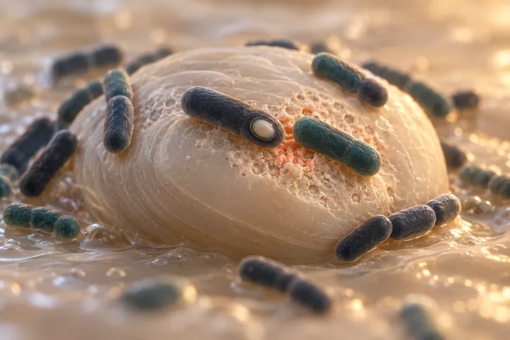 Illustration: thick-walled rod bacteria, two holding oval spores, resting on a starch granule pitted coral where they feed