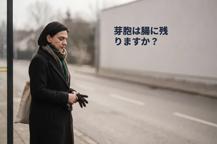 芽胞は腸に残りますか? — 30代の女性が冷たい日差しの中、かばんを持ってバス停で待っている