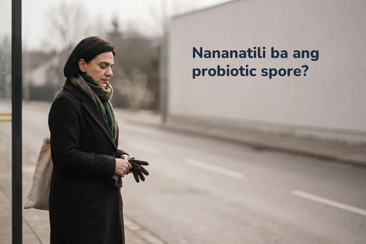 Nananatili ba ang probiotic spore? — isang babaeng trentahin ang naghihintay sa bus stop, hawak ang bag sa malamig na araw