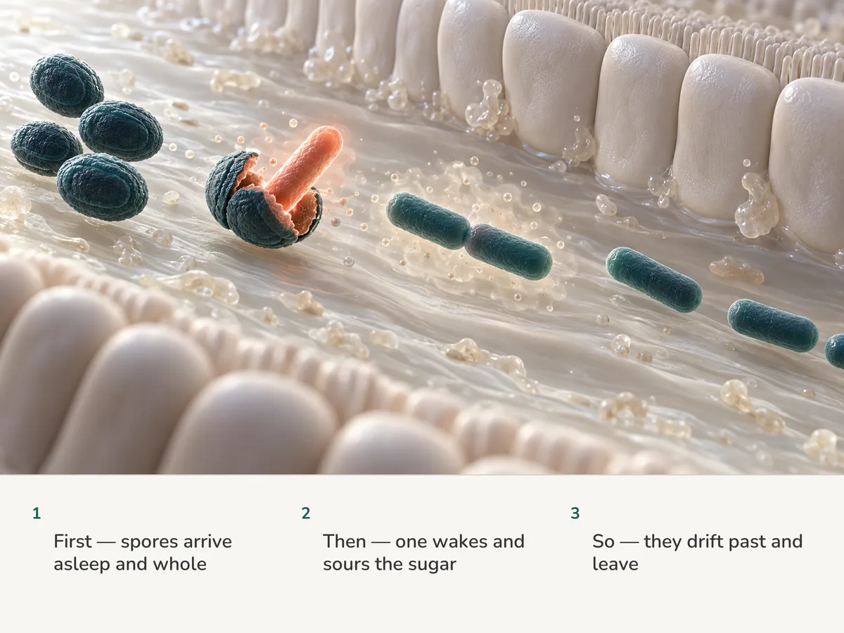 Illustration: dormant Bacillus coagulans spores arrive in the gut, one splits open as a coral rod grows out, and the rods drift past the lining and away without settling