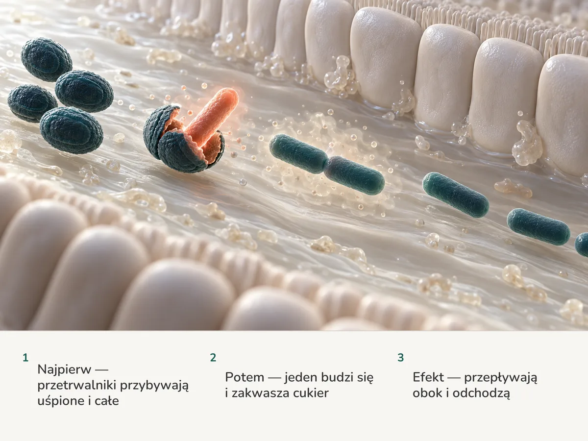 Ilustracja: uśpione przetrwalniki Bacillus coagulans docierają do jelita, jeden pęka i wyrasta z niego koralowa pałeczka, a pałeczki przepływają obok wyściółki i odpływają, nie osiadając