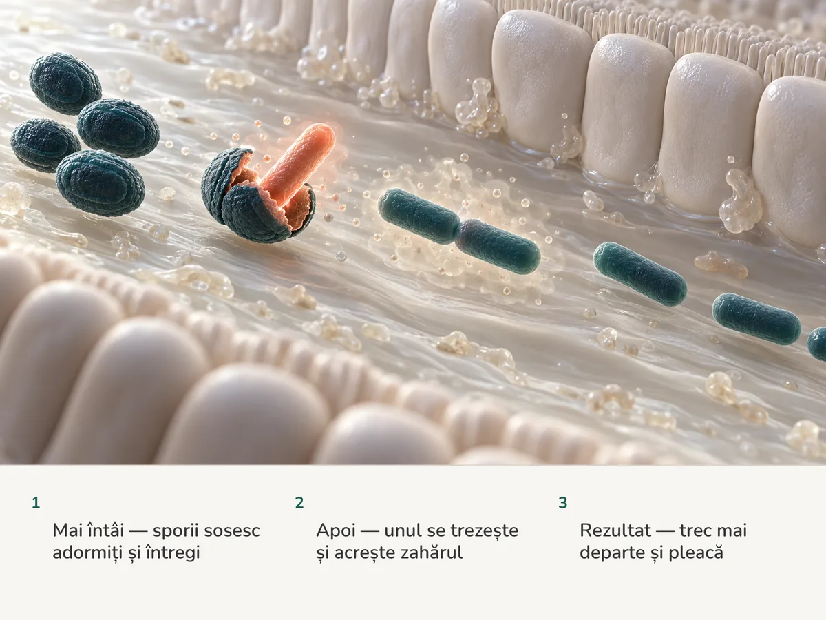 Ilustrație: spori adormiți de Bacillus coagulans ajung în intestin, unul se crapă și din el crește un bastonaș coral, iar bastonașele trec pe lângă mucoasă și pleacă fără să se instaleze