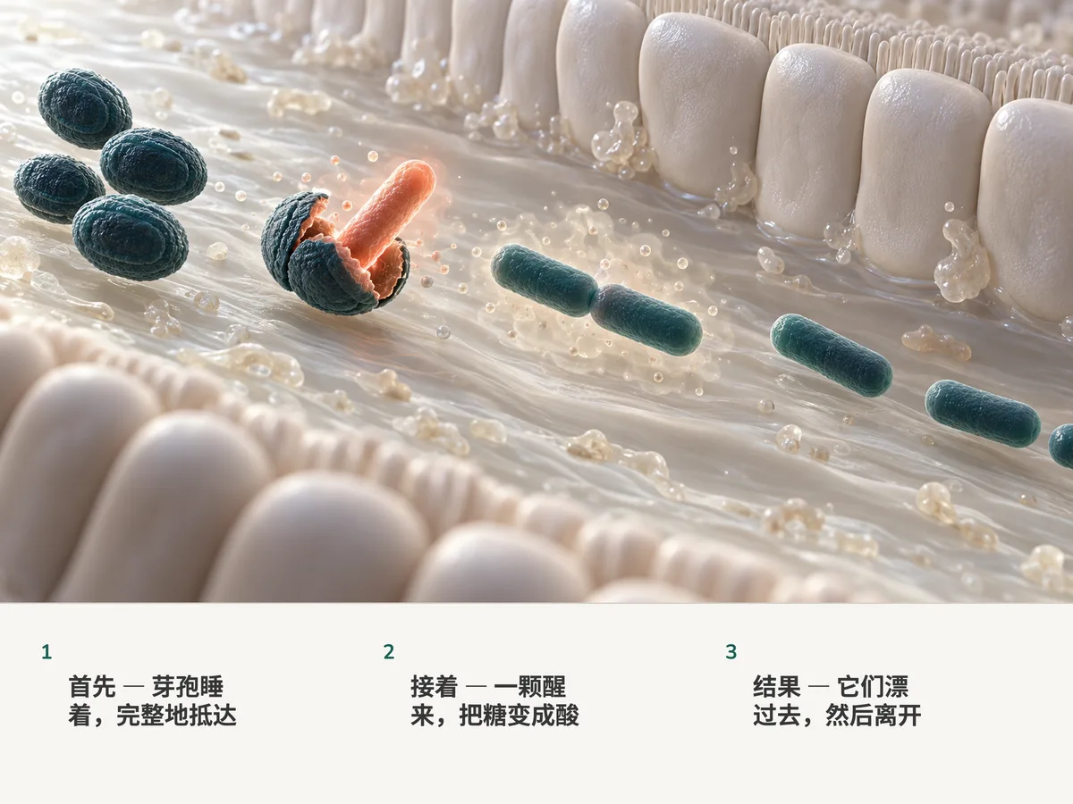 插画:休眠的凝结芽孢杆菌芽孢抵达肠道,其中一颗裂开,长出一根珊瑚色的杆菌;这些杆菌从肠壁旁漂过,没有停留就离开