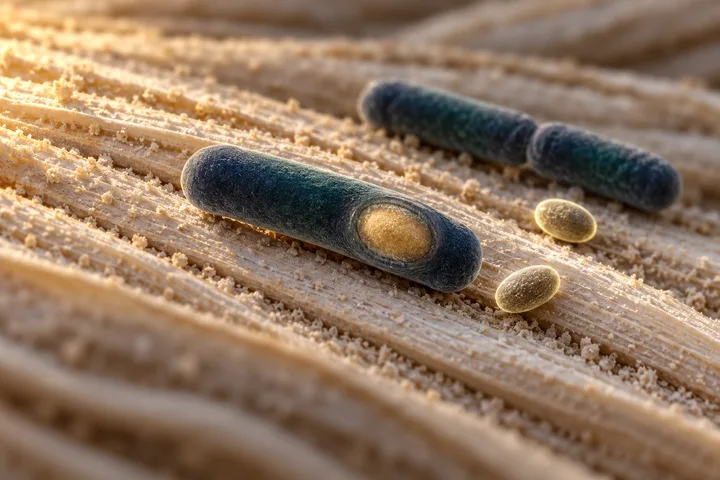 Illustration: a rod-shaped Bacillus coagulans cell holding one gold oval spore, free spores beside it on a dry plant husk