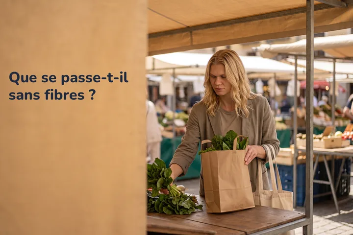Que se passe-t-il sans fibres ? — une femme de quarante ans pose un sac de légumes verts sur un étal de marché, à midi
