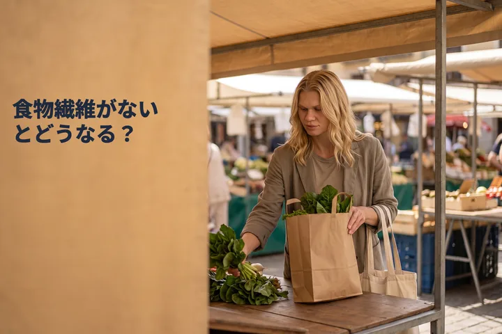 食物繊維がないとどうなる？ — 40代の女性が昼どきの市場の台に、青菜の入った紙袋を置く