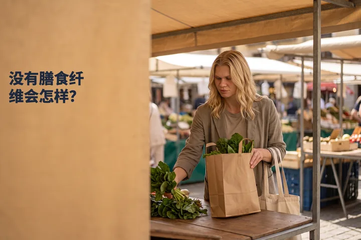 没有膳食纤维会怎样？ — 一位四十多岁的女性在正午把一纸袋青菜放到集市的桌上
