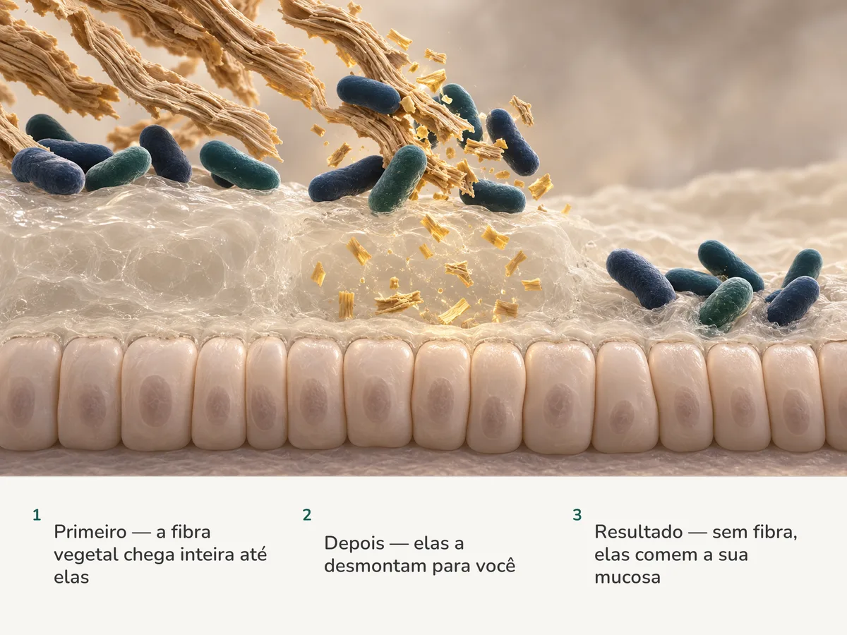 Ilustração: bastonetes rechonchudos desmontam a fibra vegetal em fragmentos dourados acima de uma camada espessa de muco; mais à direita, sem fibra nenhuma, os mesmos bastonetes pastam o muco e ele afina