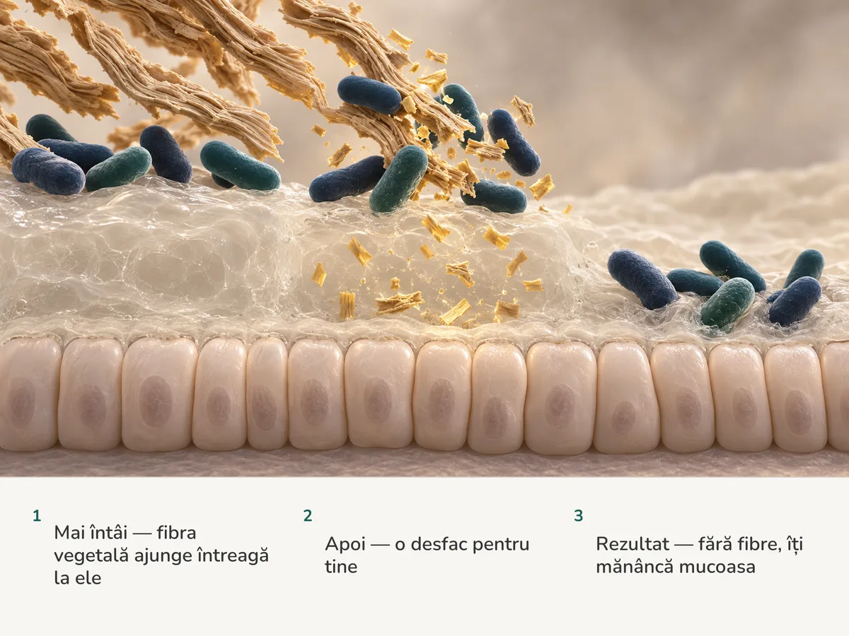 Ilustrație: bastonașe durdulii desfac fibra vegetală în fragmente aurii deasupra unui strat gros de mucus; mai la dreapta, fără fibre, aceleași bastonașe pasc mucusul, iar stratul se subțiază