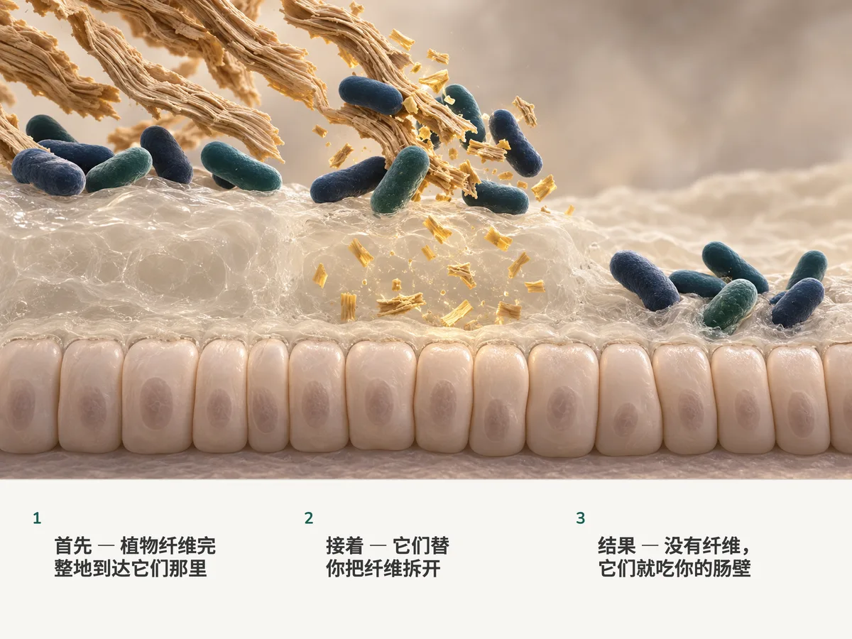 插画:饱满的杆菌在厚厚的黏液层上方把植物纤维拆成金色碎片;再往右,纤维没有了,同样的杆菌开始啃食黏液,这一层就变薄了