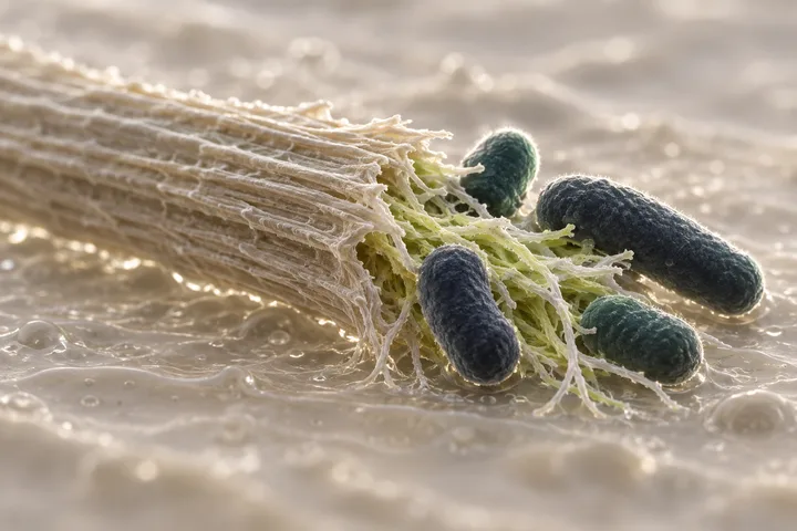 Illustration: plump Bacteroidota rods gathered on the frayed, lime-tinted torn end of a plant fibre strand, lit from behind