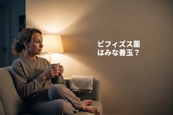 ビフィズス菌はみな善玉? — 20代後半の女性がランプの明かりの中、マグカップを持ってソファに座っている