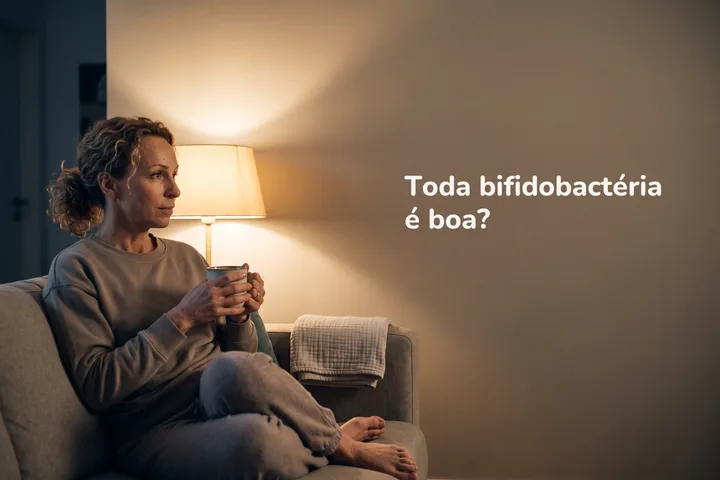 Toda bifidobactéria é boa? — uma mulher de quase trinta anos sentada no sofá com uma caneca, sob a luz do abajur