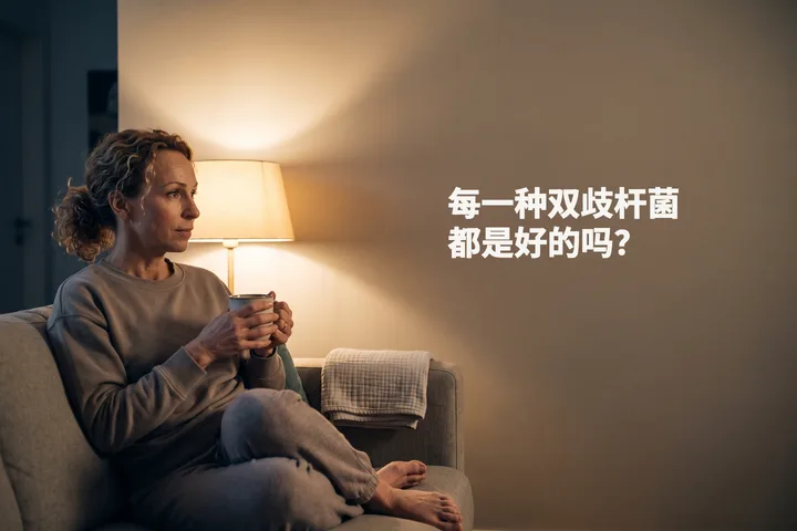 每一种双歧杆菌都是好的吗? — 一位快三十岁的女性在台灯光里端着马克杯坐在沙发上