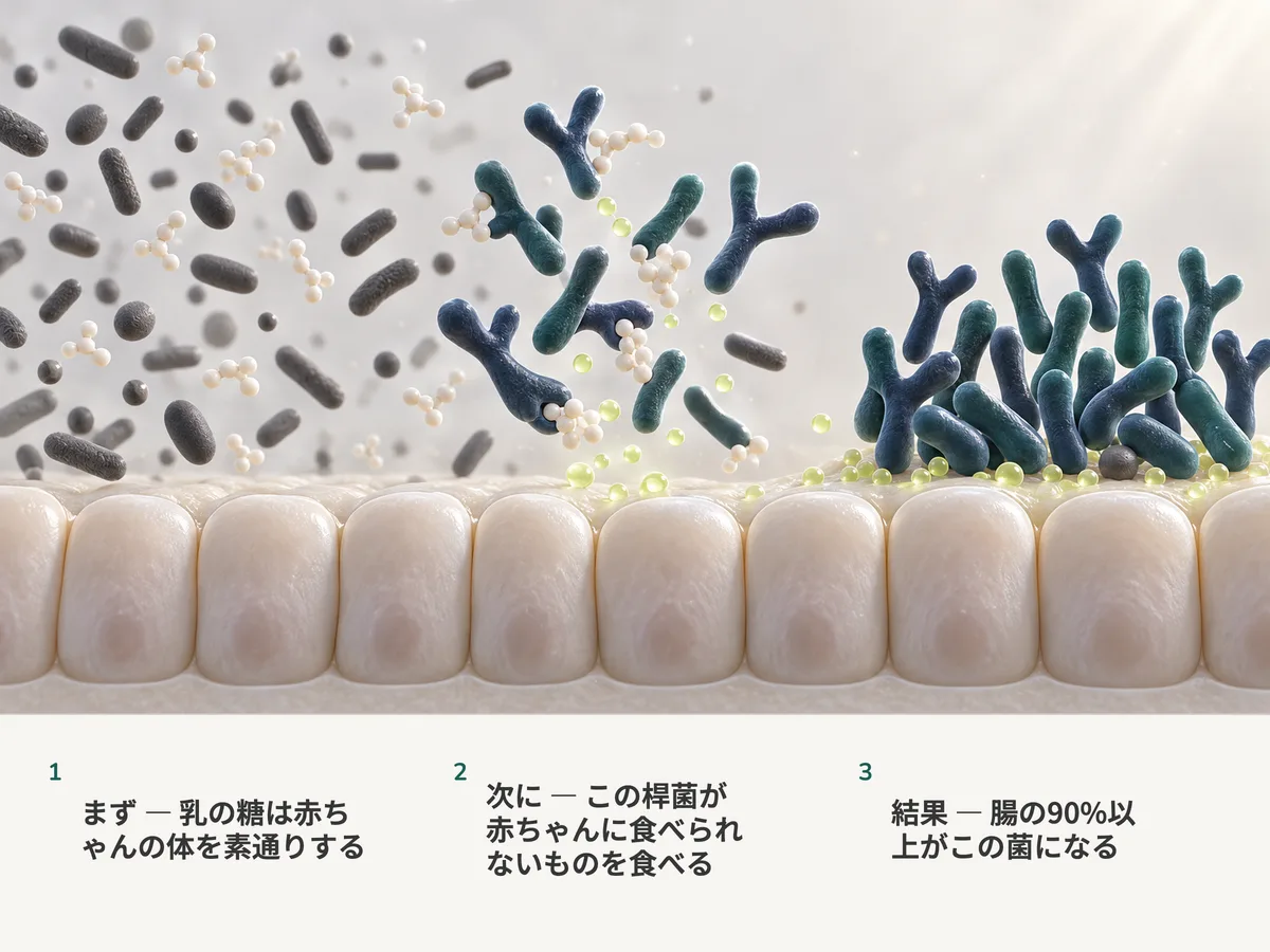 イラスト：乳の糖が乳児の腸の粘膜に触れられないまま通り過ぎ、枝分かれしたBifidobacteriumの桿菌がそれを発酵させてライム色の酢酸の滴に変え、右では20個の細胞のうち19個がこの菌である