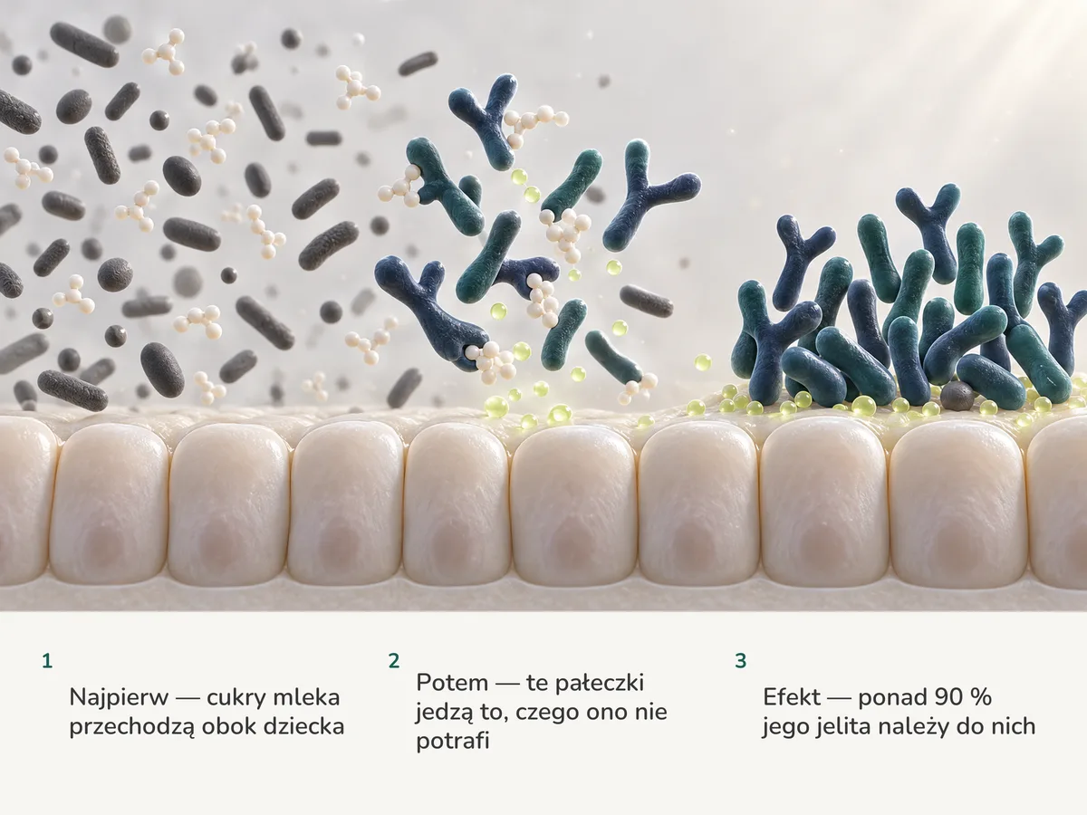 Ilustracja: cukry mleka mijają wyściółkę jelita niemowlęcia nietknięte, rozwidlone pałeczki Bifidobacterium fermentują je na limonkowe krople octanu, a po prawej dziewiętnaście na dwadzieścia komórek należy do nich