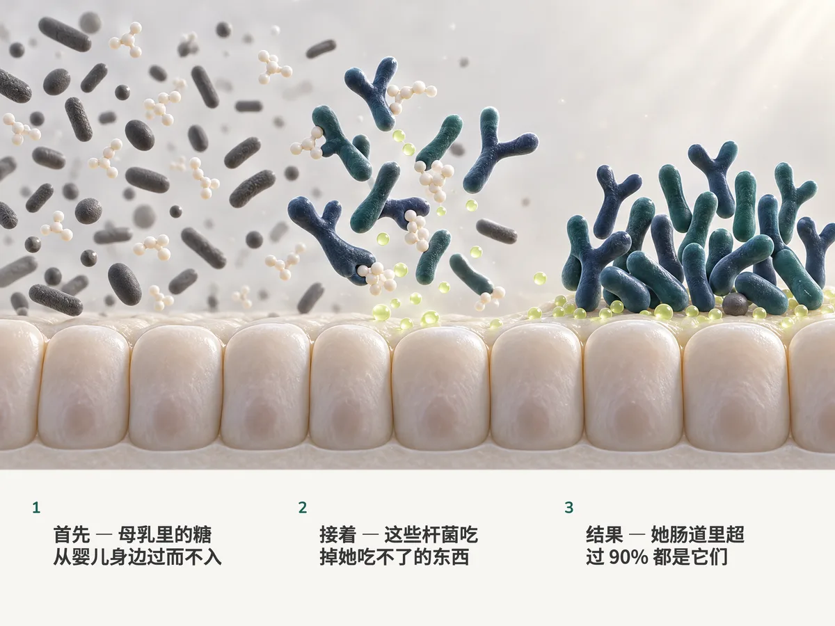 插画:母乳里的糖原封不动地经过婴儿肠壁,分叉的双歧杆菌把它们发酵成青柠色的乙酸液滴,右侧二十个细胞里有十九个是它们的