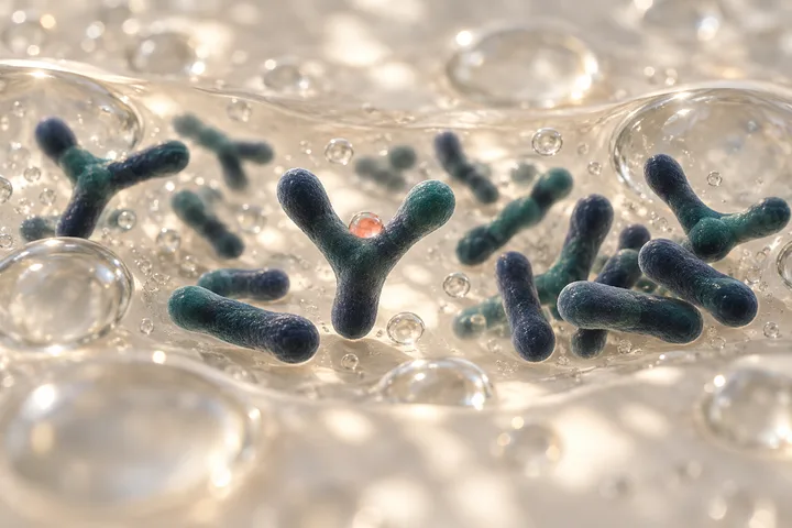 Illustration: forked, Y-shaped Bifidobacterium cells in a still pocket of clear gut contents, a coral droplet in one fork