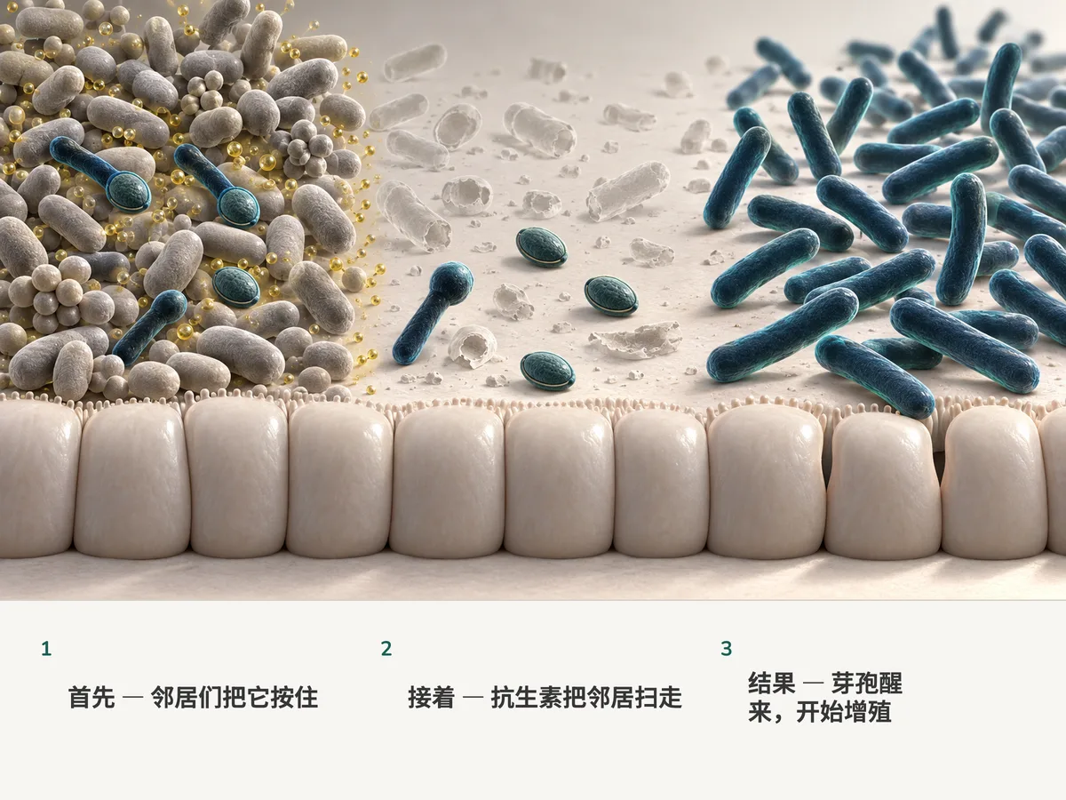 插画:休眠的芽孢在金色薄雾下待在肠道住户之间;住户被清走之后,芽孢张开,长成不断增殖的杆菌,把肠壁的接缝一道道撬松