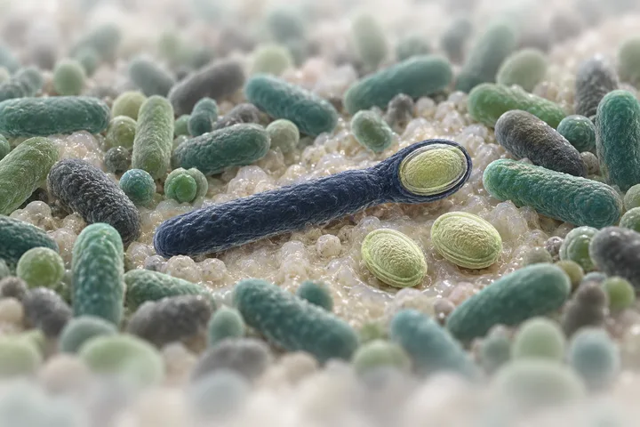 Illustration: a slender rod with a swollen spore end and sealed lime-coated spores, hemmed in by a crowd of gut microbes