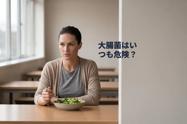 大腸菌はいつも危険? — 30代の女性が食堂のテーブルでサラダの器の上にフォークを止めている