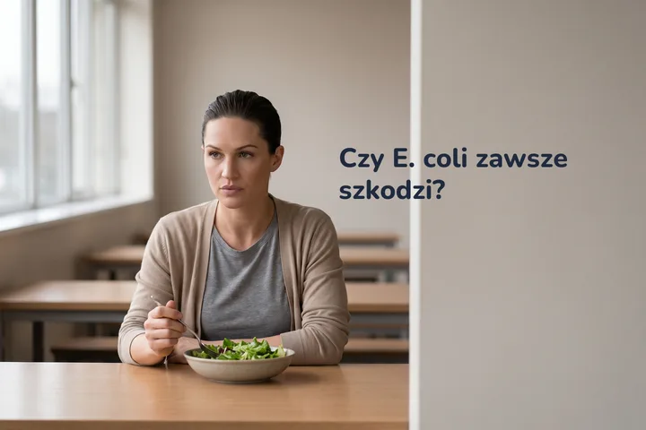Czy E. coli zawsze szkodzi? — kobieta po trzydziestce zatrzymuje widelec nad miską sałatki przy stole w stołówce