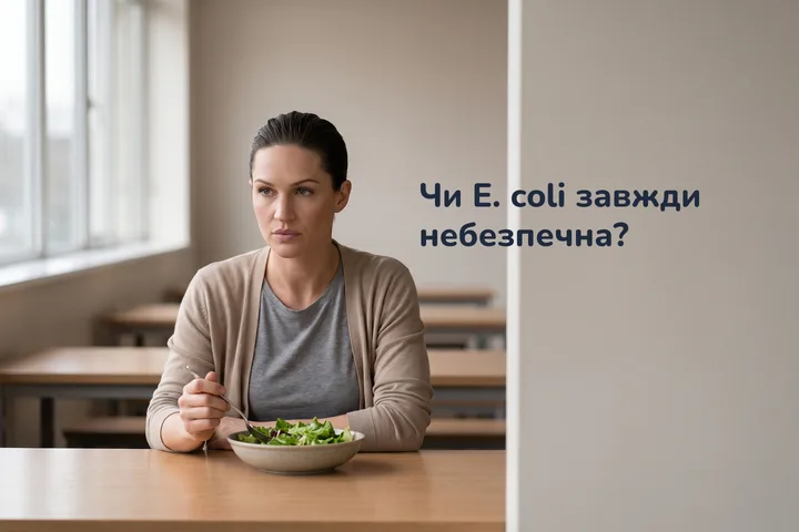 Чи E. coli завжди небезпечна? — жінка за тридцять спиняє виделку над мискою салату за столом у їдальні