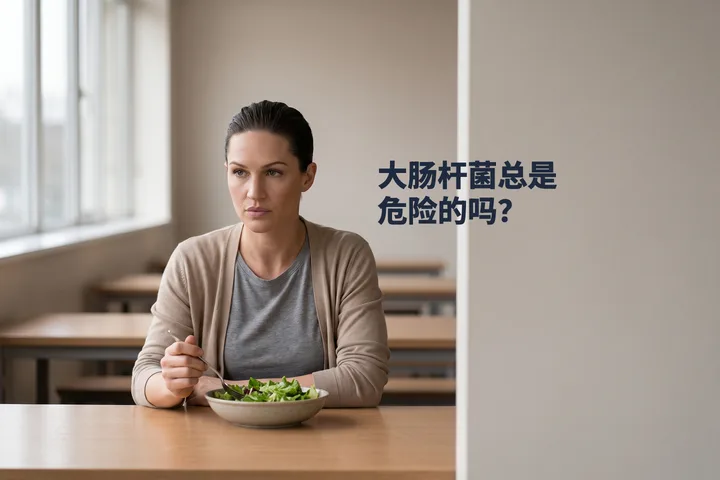 大肠杆菌总是危险的吗? — 一位三十多岁的女性在食堂餐桌旁,叉子停在一碗沙拉上方