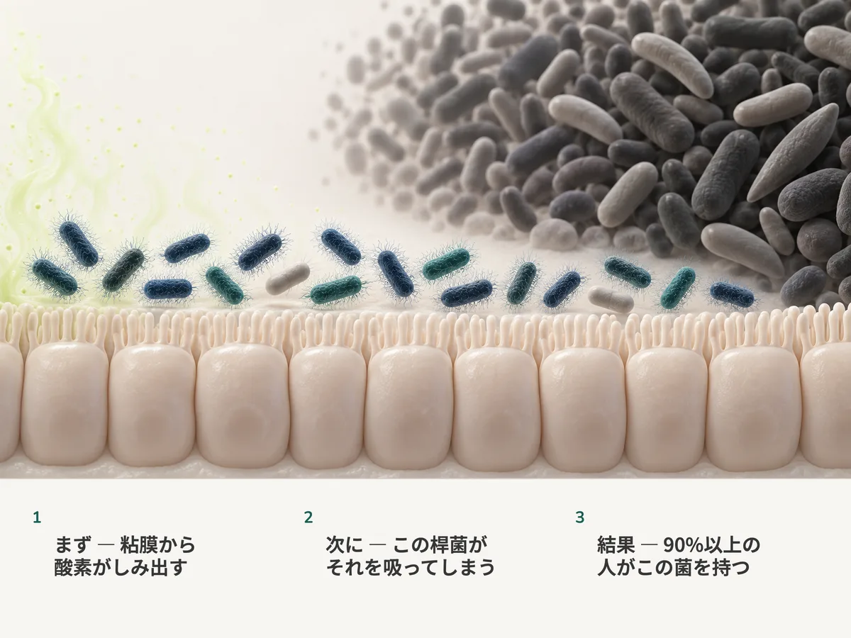 イラスト:腸の粘膜からわずかな酸素が立ちのぼり、そのそばで毛をまとった大腸菌の桿菌がそれを取り込み、その向こうでは厳密な嫌気性菌が酸素のない空間にひしめいている
