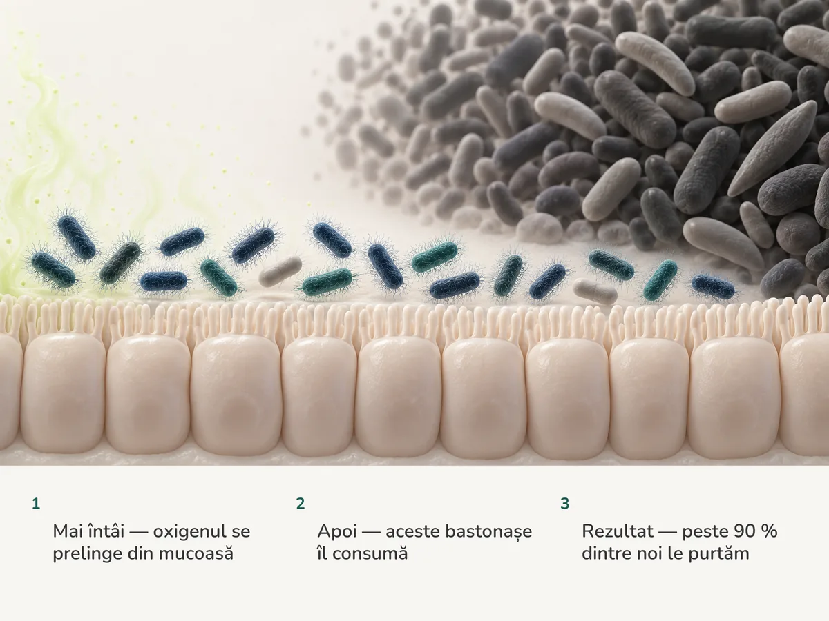 Ilustrație: urme de oxigen se ridică din mucoasa intestinului, bastonașele franjurate de E. coli le preiau, iar dincolo de ele anaerobii stricți se înghesuie în spațiul fără aer