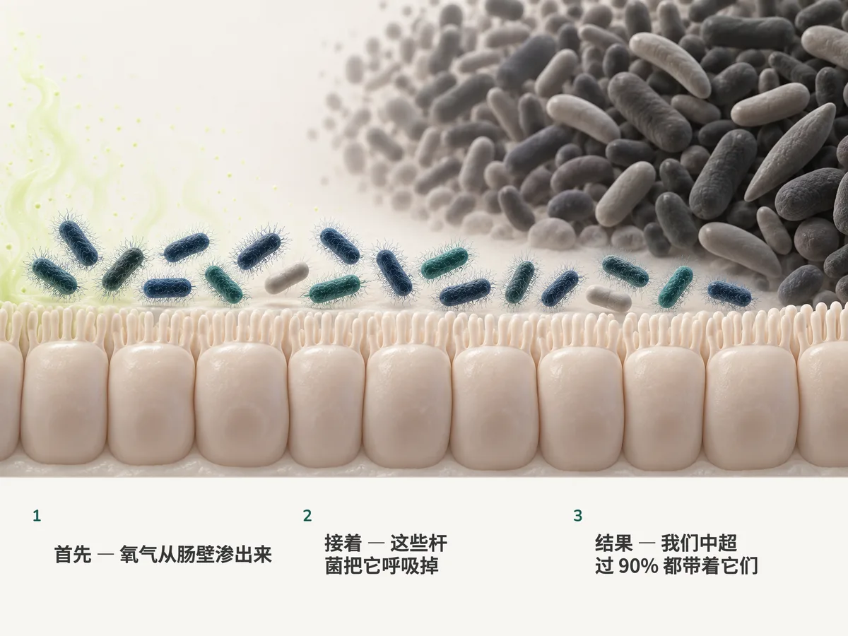 插画:微量的氧气从肠壁升起,旁边带细丝的大肠杆菌把它们吸走,再往里,严格厌氧菌挤满了无氧的空间