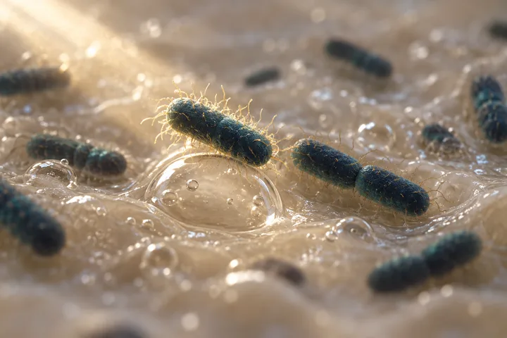 Illustration: rod-shaped E. coli cells fringed with fine threads beside a gas bubble in wet gut contents, one thread lit gold