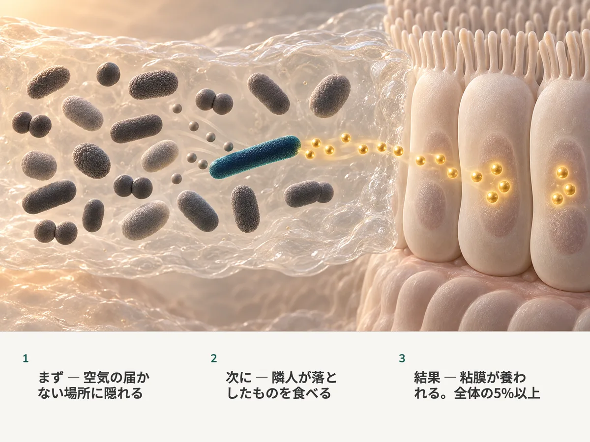 イラスト：空気のない粘液の中にいる20個の腸内細菌のうち、一本の細い桿菌が隣人たちの食べ残しを取り込み、金色の酪酸の粒を放って大腸の粘膜へ渡している
