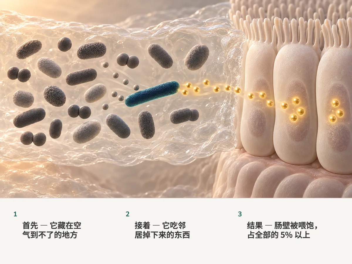 插画：在无氧黏液里的二十个肠道细菌中，一根细长的杆菌吸走邻居剩下的东西，释放出金色的丁酸颗粒，进入结肠内壁