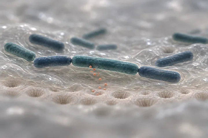 Illustration: slender rod-shaped bacteria lie in dense mucus over the colon lining, tiny coral beads drifting down from them
