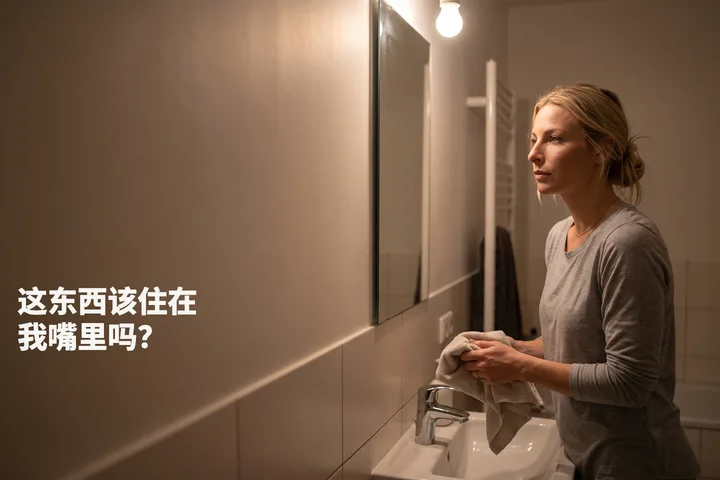 这东西该住在我嘴里吗? — 一位女性深夜在盥洗池边擦干双手