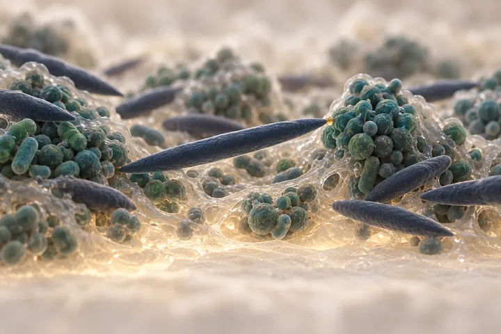 Illustration: a spindle-shaped bacterium lies like a beam between clusters of round cells in a plaque reef, lit from below