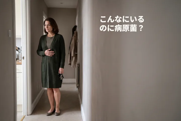 こんなにいるのに病原菌？ — 昼食のあと、女性が廊下で足を止め、肋骨の下に手を当てている