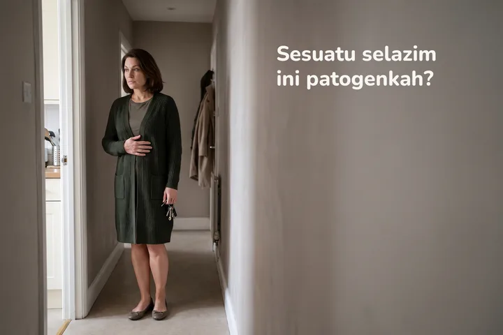Sesuatu selazim ini patogenkah? — seorang wanita berhenti di lorong rumahnya selepas makan, tapak tangan rata di bawah rusuk