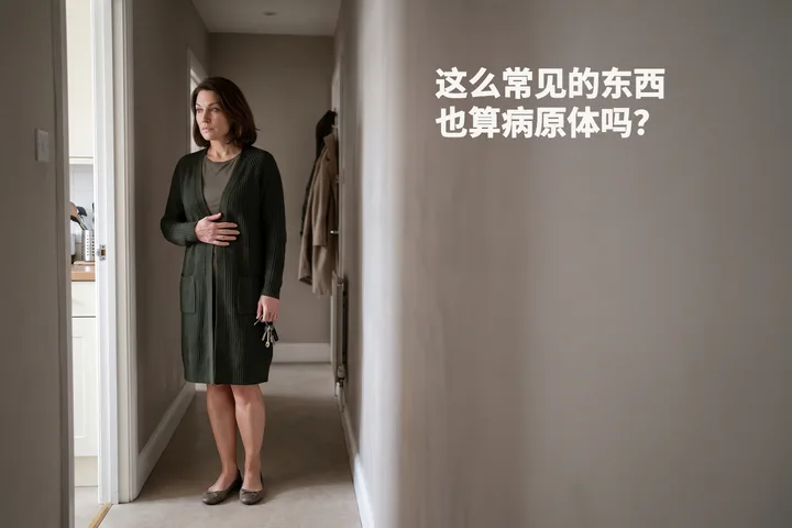 这么常见的东西也算病原体吗? — 一位女性午饭后停在自家走廊里,一只手平贴在肋骨下方