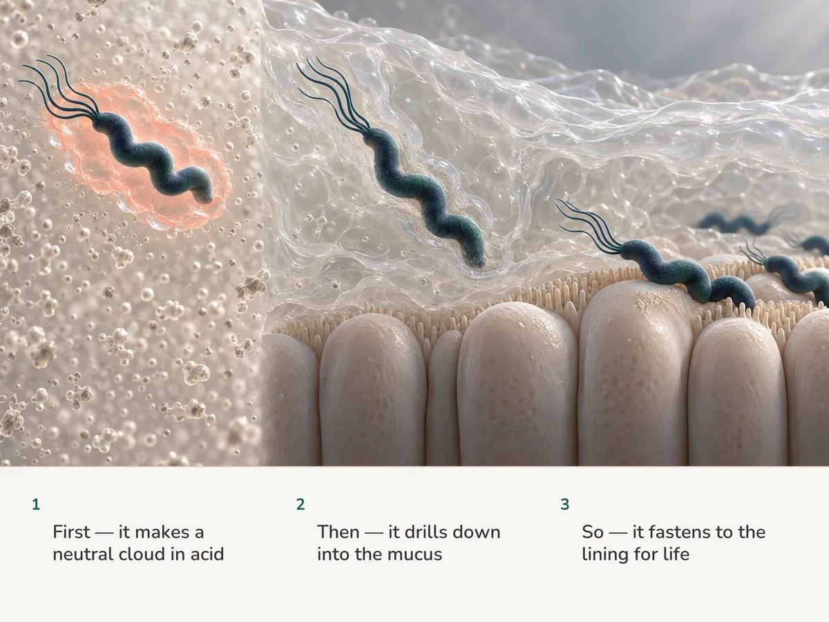 Illustration: a spiral bacterium wraps itself in a small neutral cloud in stomach acid, corkscrews down into the mucus and fastens to the lining beside others already settled