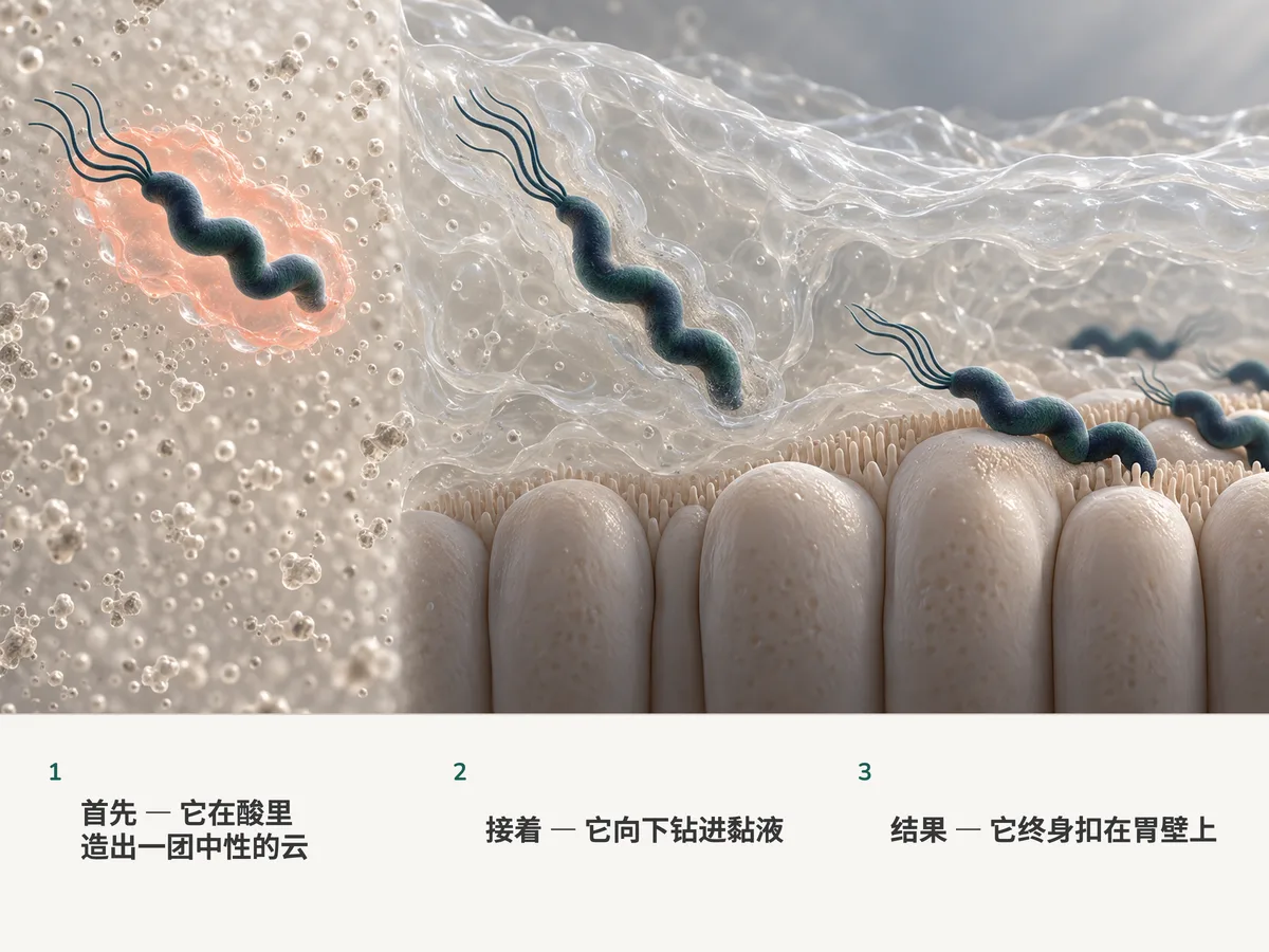 插画:一个螺旋形细菌在胃酸里把自己裹进一小团中性的云雾,像螺丝一样向下钻进黏液,在已经定居的同伴旁边扣住胃壁