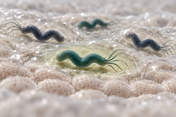 Illustration: spiral bacteria with a tuft of tails at one end rest in mucus over the stomach lining, one in a clear pocket