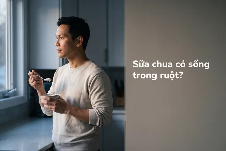Sữa chua có sống trong ruột? — một người đàn ông ăn sữa chua không đường bên bàn bếp trong ánh sáng đầu ngày