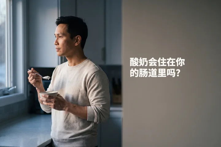 酸奶会住在你的肠道里吗? — 一个男人在清晨第一缕光里站在厨房台前吃原味酸奶