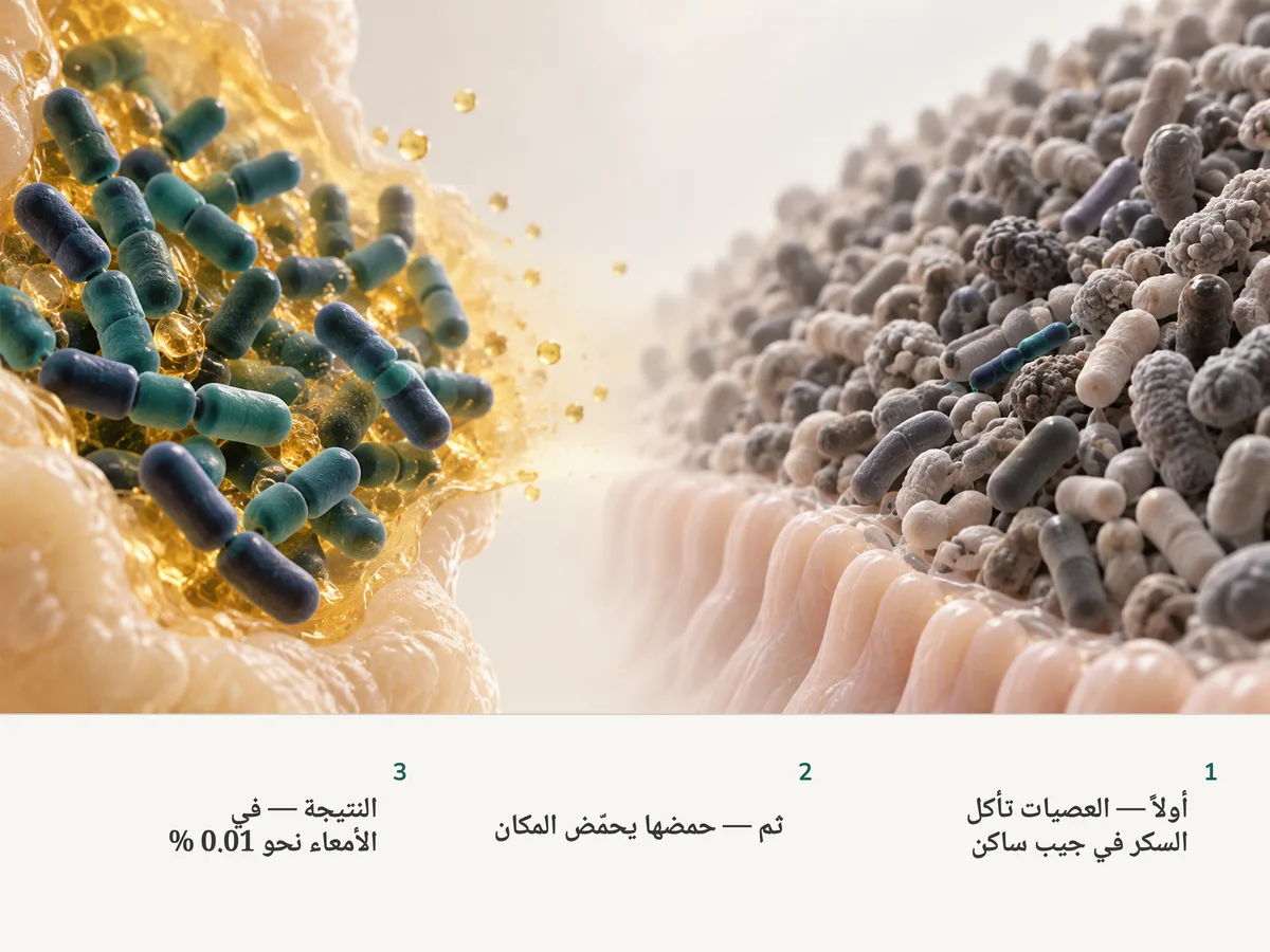 رسم توضيحي: على اليسار تتزاحم عصيات Lactobacillus في جيب حامض بلمسة ذهبية، وعلى اليمين فوق بطانة الأمعاء تجلس سلسلة صغيرة واحدة بين بكتيريا أخرى لا تُحصى