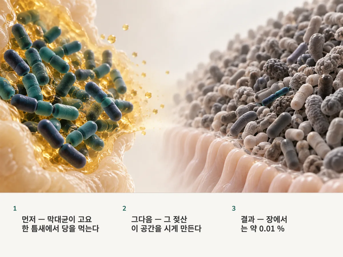 일러스트: 왼쪽에서는 Lactobacillus 막대균이 시큼하고 금빛이 도는 틈새에 빽빽이 모여 있고, 오른쪽 장 점막 위에서는 작은 사슬 하나가 헤아릴 수 없이 많은 다른 세균 사이에 끼어 있다