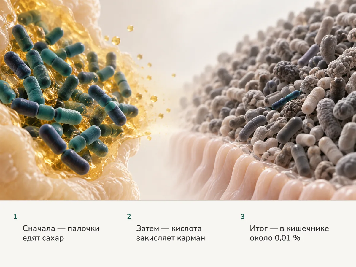 Иллюстрация: слева палочки Lactobacillus теснятся в кислом кармане с золотистой дымкой, справа на слизистой кишечника одна маленькая цепочка среди множества других бактерий